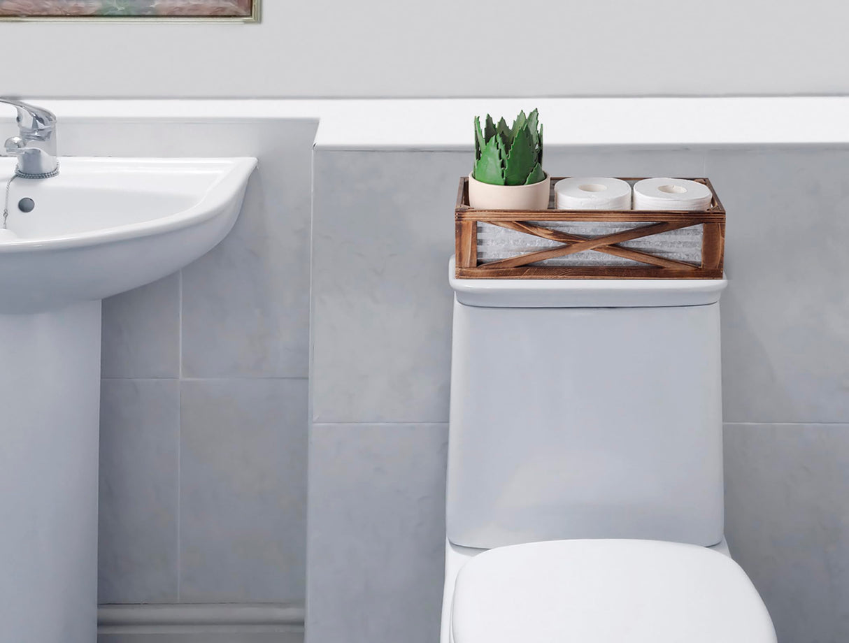 Venalys Wooden Toilet Tank Basket, Rustic Bathroom Decor Box, Farmhouse Toilet Paper Organizer Holder, Decorative Bathroom Storage Basket, Barn Door (Brown) Venalys