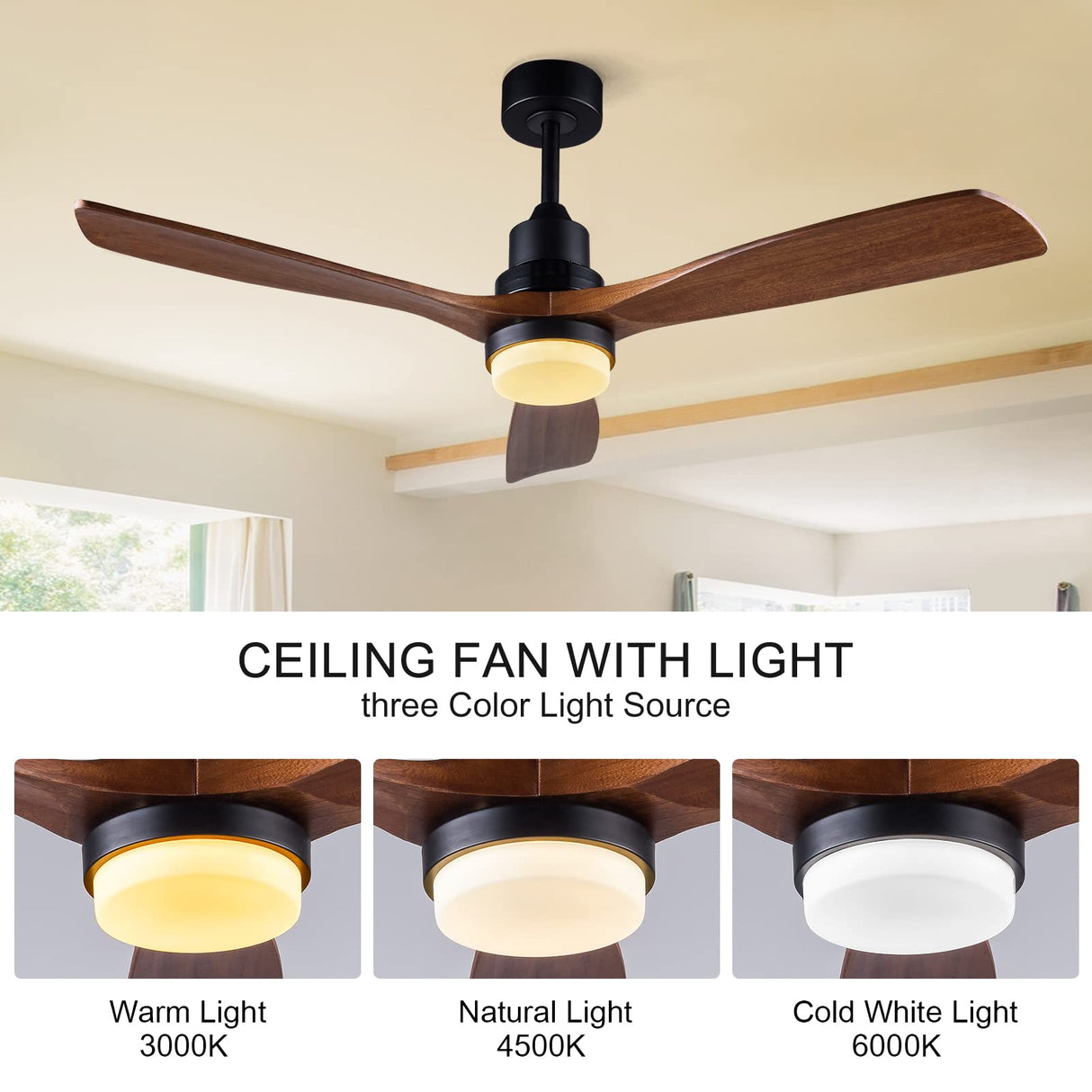 BOJUE 52 Inch Ceiling Fans with Lights and Remote Control, Indoor Outdoor Mordern Ceiling Fan with 3 Wood Blade for Patio Living Room, Bedroom, Office, Summer House (Black Ceiling fans+ Walnut Blades) BOJUE