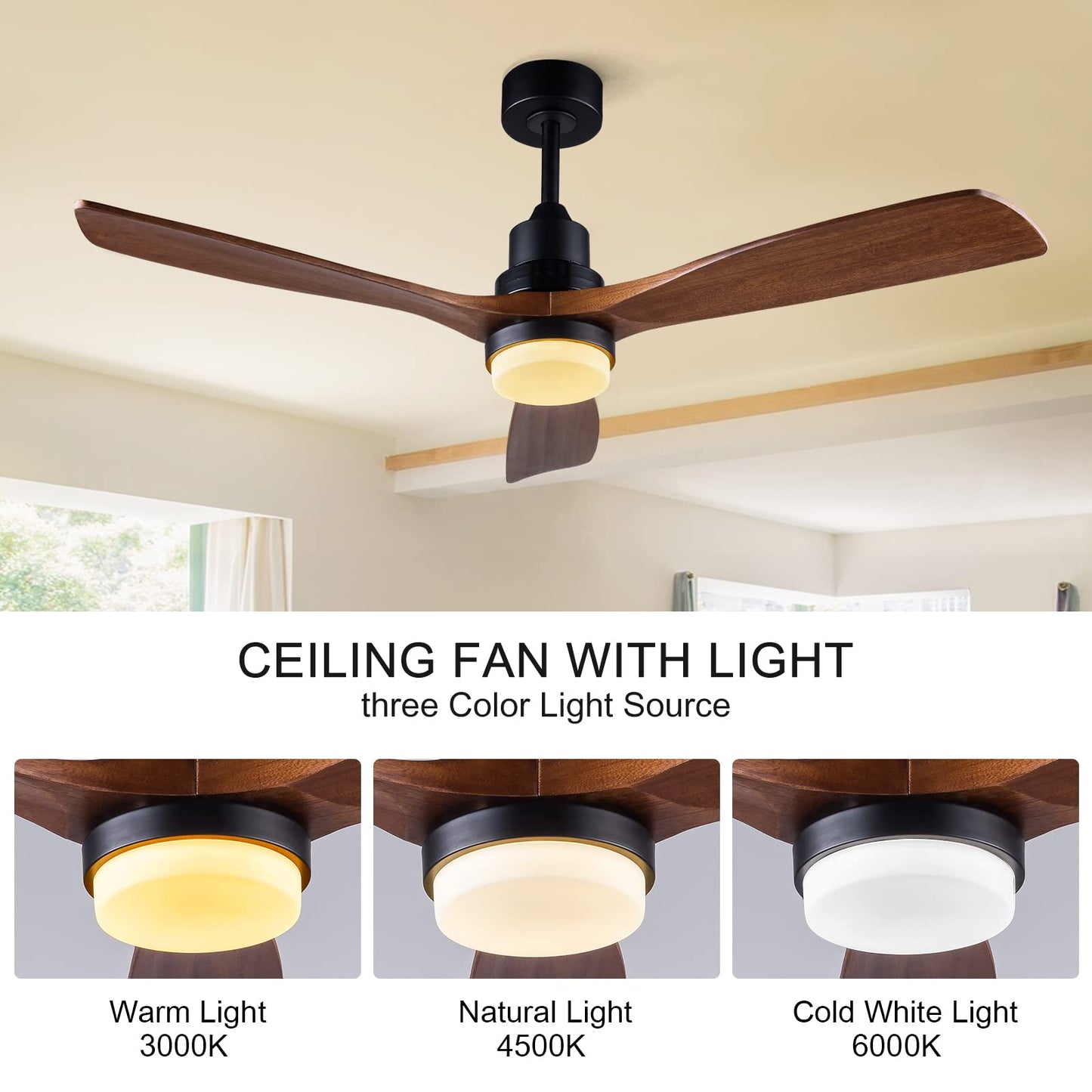 BOJUE 52 Inch Ceiling Fans with Lights and Remote Control, Indoor Outdoor Mordern Ceiling Fan with 3 Wood Blade for Patio Living Room, Bedroom, Office, Summer House (Black Ceiling fans+ Walnu - WoodArtSupply