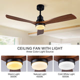 BOJUE 52 Inch Ceiling Fans with Lights and Remote Control, Indoor Outdoor Mordern Ceiling Fan with 3 Wood Blade for Patio Living Room, Bedroom, Office, Summer House (Black Ceiling fans+ Walnut Blades) BOJUE