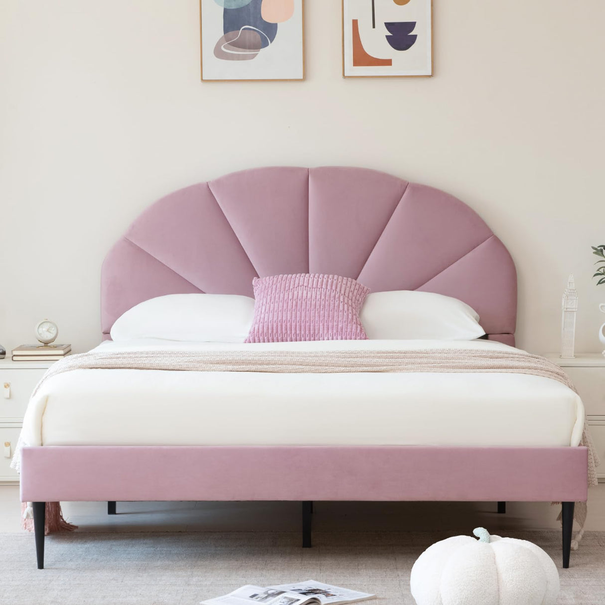VELOCAVA Pink Bed Frame Queen Size, Heavy Duty Upholstered Bed with Unique Headboard, Soft Velvet Platform Bed with Strong Wooden Slats Support, No Box Spring Needed, Easy to Assemble VELOCAVA
