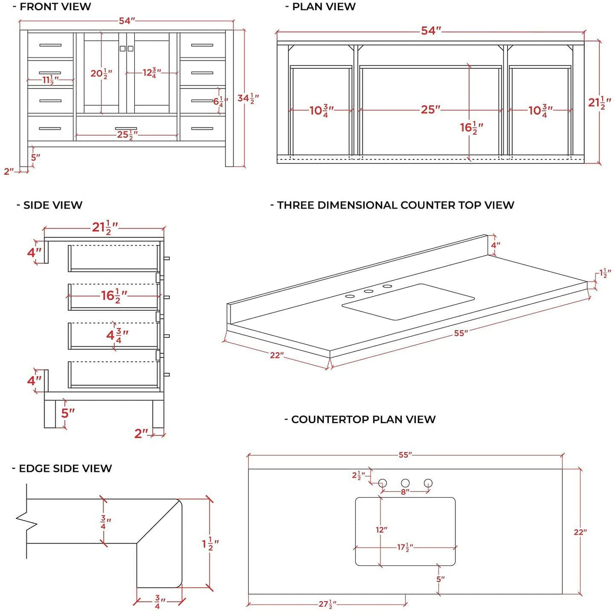 ARIEL Cambridge 55" Midnight Blue Bathroom Vanity with Sink, 1.5" Edge Pure White Quartz Countertop & Backsplash, Center Rectangular Sink, 2 Soft Closing Doors, 9 Full Extension Dovetail Drawers ARIEL