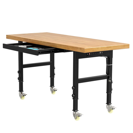 60" Heavy-Duty Solid Wood Work Bench Work Table with Drawers, Adjustable Height Portable Workbench with Power Outlets, 3000 Lbs Capacity Workstation for Garage, Workshop, Office, Shop - WoodArtSupply