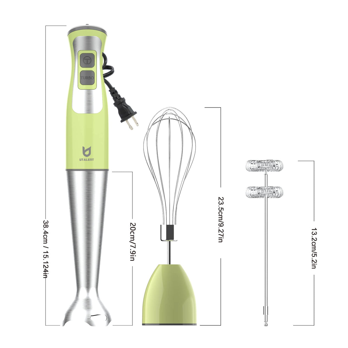 Immersion Hand Blender, UTALENT 3-in-1 8-Speed Stick Blender with Milk Frother, Egg Whisk for Coffee Milk Foam, Puree Baby Food, Smoothies, Sauces and Soups - Green UTALENT