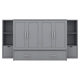 Full Size Murphy Wall Bed With Storage and Bookcase Headboard, Solid Wood Cabinets With Shelves, Drawers and USB Ports, Multi-Function Platform for Home Office, Guest Room - Gray Harper & Bright Designs