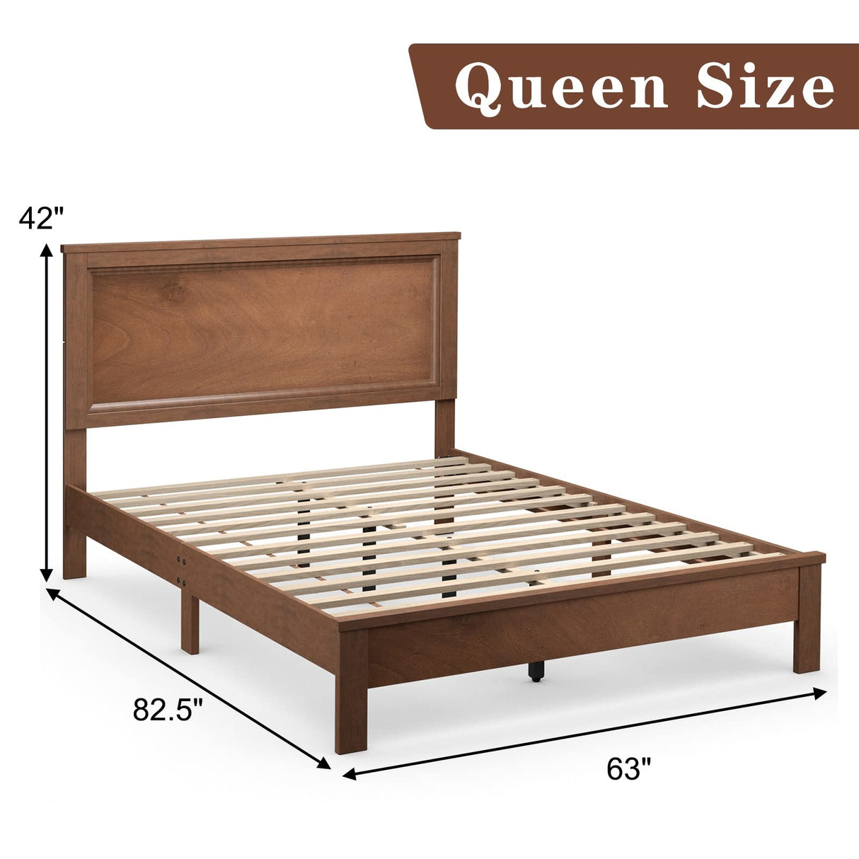 KOMFOTT Mid Century Queen Bed Frame with Headboard – Solid Wood Slats & Easy Assembly KOMFOTT