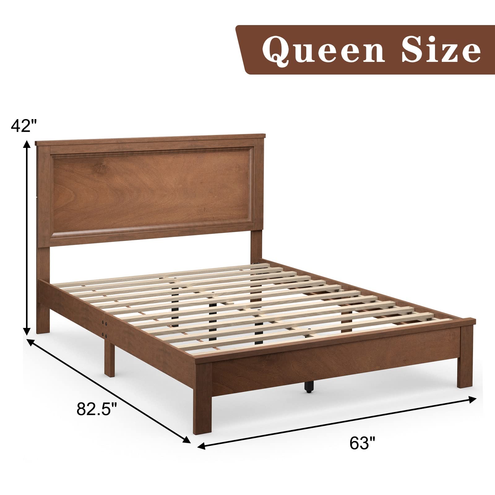 KOMFOTT Mid Century Queen Bed Frame with Headboard – Solid Wood Slats & Easy Assembly - WoodArtSupply