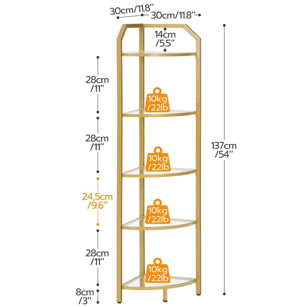 HOOBRO 5-Tier Corner Shelf Stand, Gold Corner Bookshelf, Tempered Glass Shelves, Bathroom Organizer, Corner Plant Stand, for Living Room, Study, Balcony, Home Office, Modern Style, Gold GD15CJ01 HOOBRO