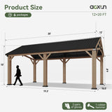 Aoxun 12' x 20' Outdoor Wood Gazebo, Hardtop Gazebo Permanent Wooden Pavilion with Galvanized Steel Gable Roof, for Patio, Garden, Deck, Cedar Wood Aoxun