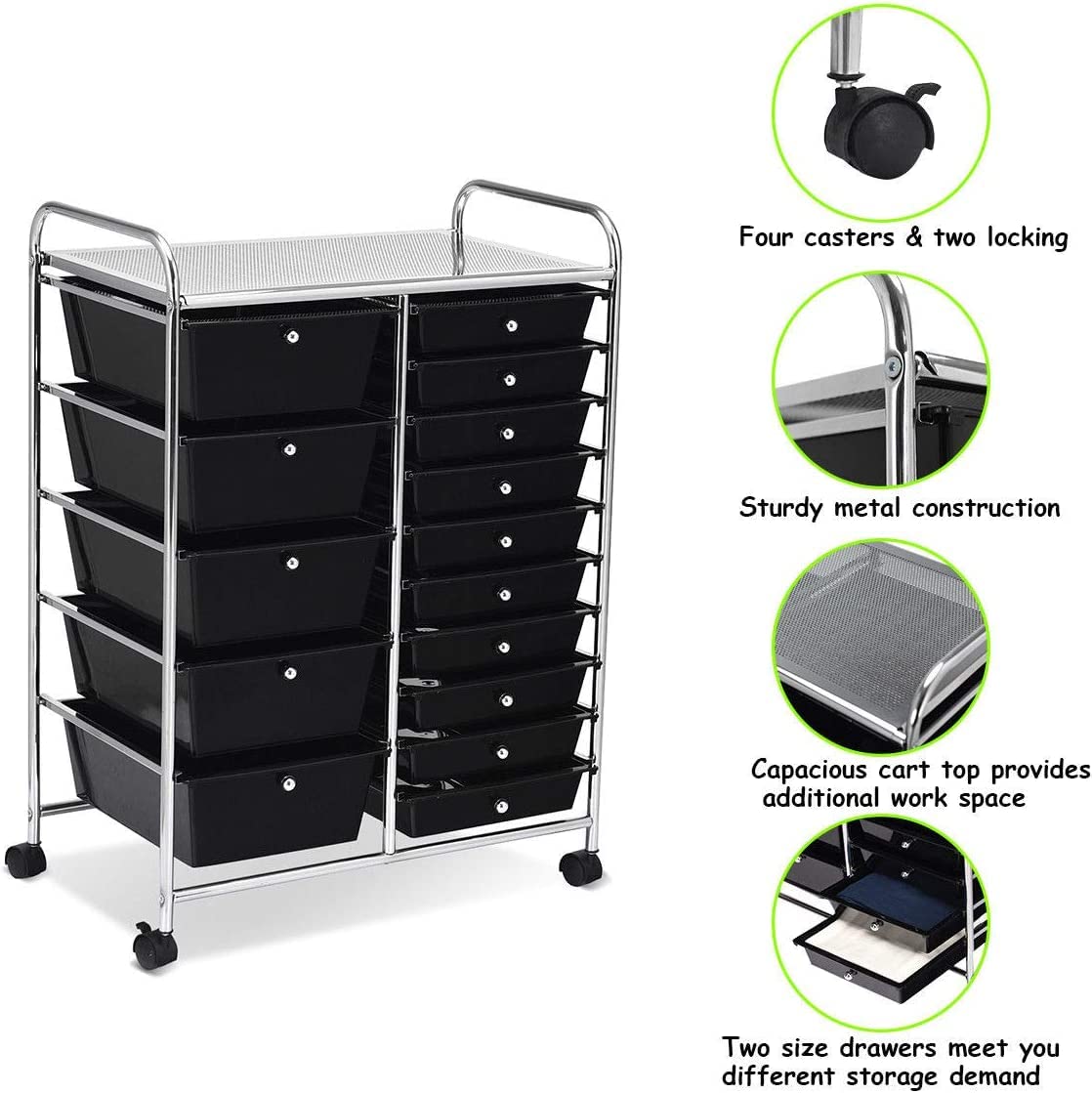 15 Drawer Rolling Storage Cart, Mobile Utility Cart with Lockable Wheels, Drawers, Multipurpose Organizer Cart for Home, Office, School, Black