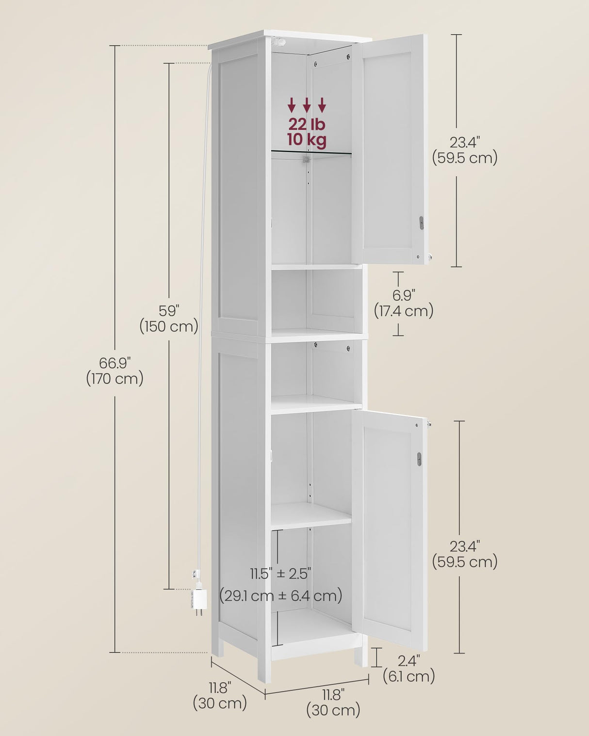 VASAGLE Tall Bathroom Cabinet with Lights, Slim Freestanding Bathroom Storage Cabinet, with Adjustable Shelves, Narrow for Small Spaces, Modern, 11.8 Inches Wide, Cloud White UBBC566W02 VASAGLE
