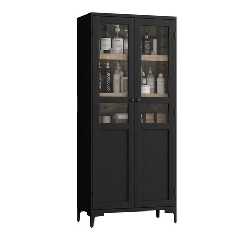 Garveehome Tall Storage Cabinet with Glass Doors, Kitchen Pantry 5 Tier Bathroom Cabinet with 2 Doors Adjustable Shelves for Kitchen, Dining Room, Bathroom (Black, 2 Door with Glass) Garveehome