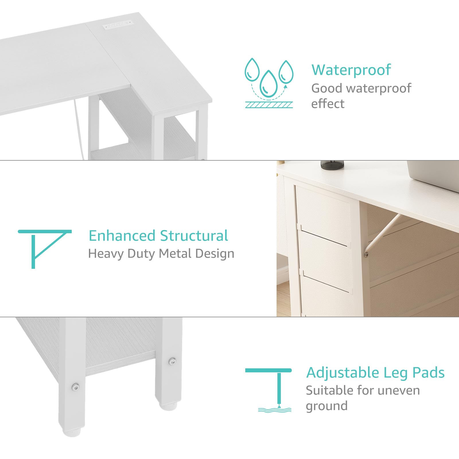 Lufeiya White L Shaped Computer Desk with Drawers & Storage Shelves, 47 Inch Corner Desk with Power Outlet for Home Office Bedroom, L-Shaped Teen PC Desks with Fabric Drawer, White - WoodArtSupply