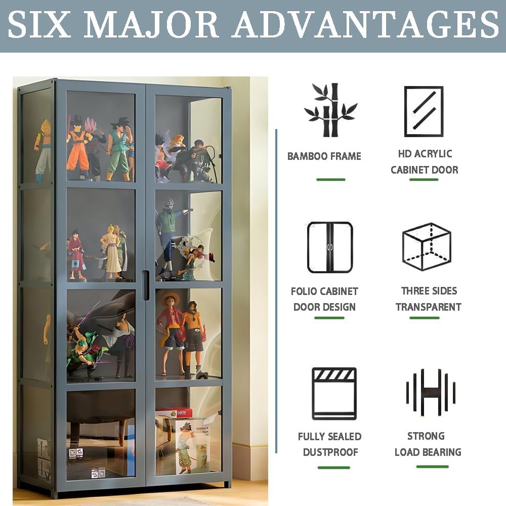 idhhco 5-Tier Display Cabinet with Acrylic Doors, 64” Transparent Bamboo Curio Display Case for Figures, Display Shelves for Collectibles & Kids Bookcase for Home, Office, Playroom, Living Room idhhco