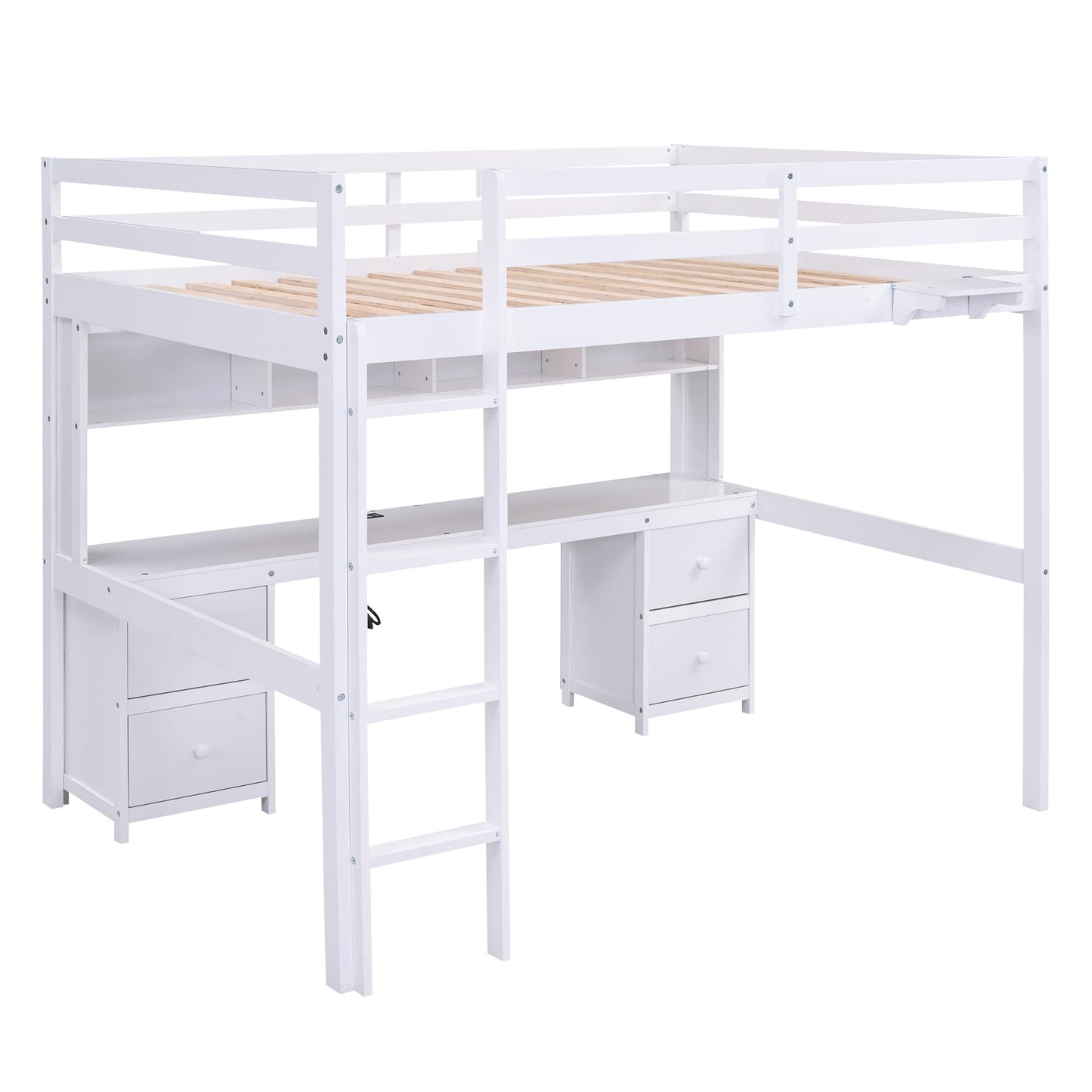 SOFTSEA Full Size Loft Bed with Desk, Drawers, and Storage in White - WoodArtSupply