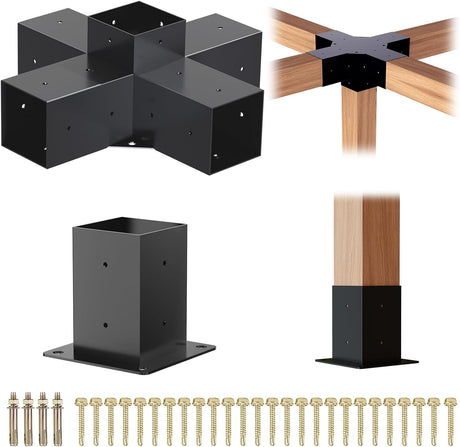 Pergola Kit, 5 Way Pergola Bracket Set, Powder-Coated Pergola Brackets 4" x 4" (Actual: 3.5x3.5 Inch), Pergola Hardware for Outdoor Wood Pergolas, Gazebo, Sheds (2 pcs) TOCRETOARE