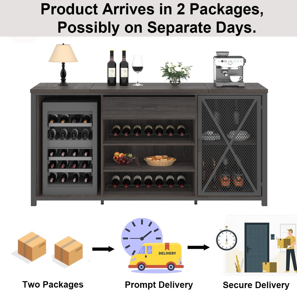 LVB Long Bar Cabinet with Fridge Space, Farmhouse Big Liquor Cabinet with Drawer Storage, Rustic Wood Metal Large Wine Cabinet with Rack, Modern Sideboard Buffet for Kitchen Dining Room, Gray, 70 Inch LVB