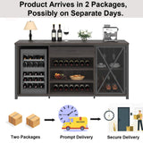 LVB Long Bar Cabinet with Fridge Space, Farmhouse Big Liquor Cabinet with Drawer Storage, Rustic Wood Metal Large Wine Cabinet with Rack, Modern Sideboard Buffet for Kitchen Dining Room, Gray, 70 Inch LVB