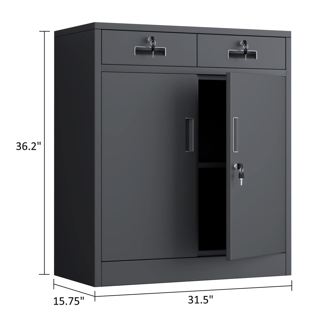 JINGUR Metal Storage Cabinet with Locking Doors and 2 Drawers, Lockable Storage Cabinets with Adjustable Shelf for Home Office and Garage (Black) JINGUR