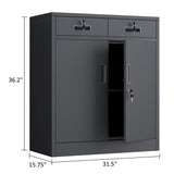 JINGUR Metal Storage Cabinet with Locking Doors and 2 Drawers, Lockable Storage Cabinets with Adjustable Shelf for Home Office and Garage (Black) JINGUR