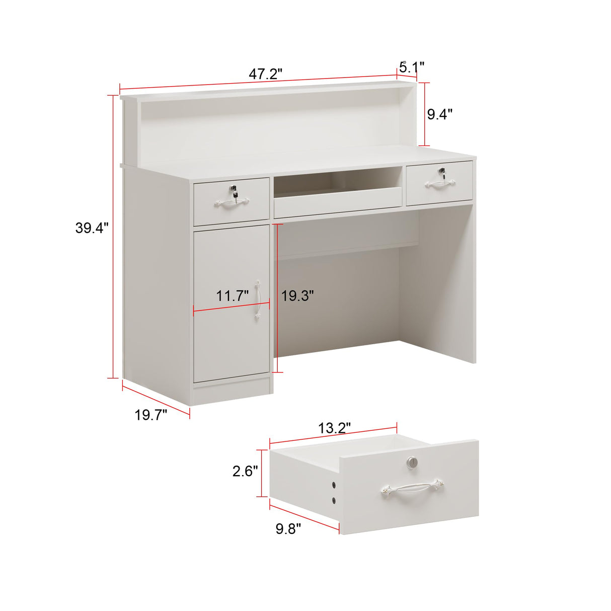 ECACAD Reception Desk with Light, Display Shelf & Lockable Drawers, Office Desk Reception Counter Table with Keyboard Tray and Door, White (47.2”W x 19.7”D x 39.2”H) ECACAD