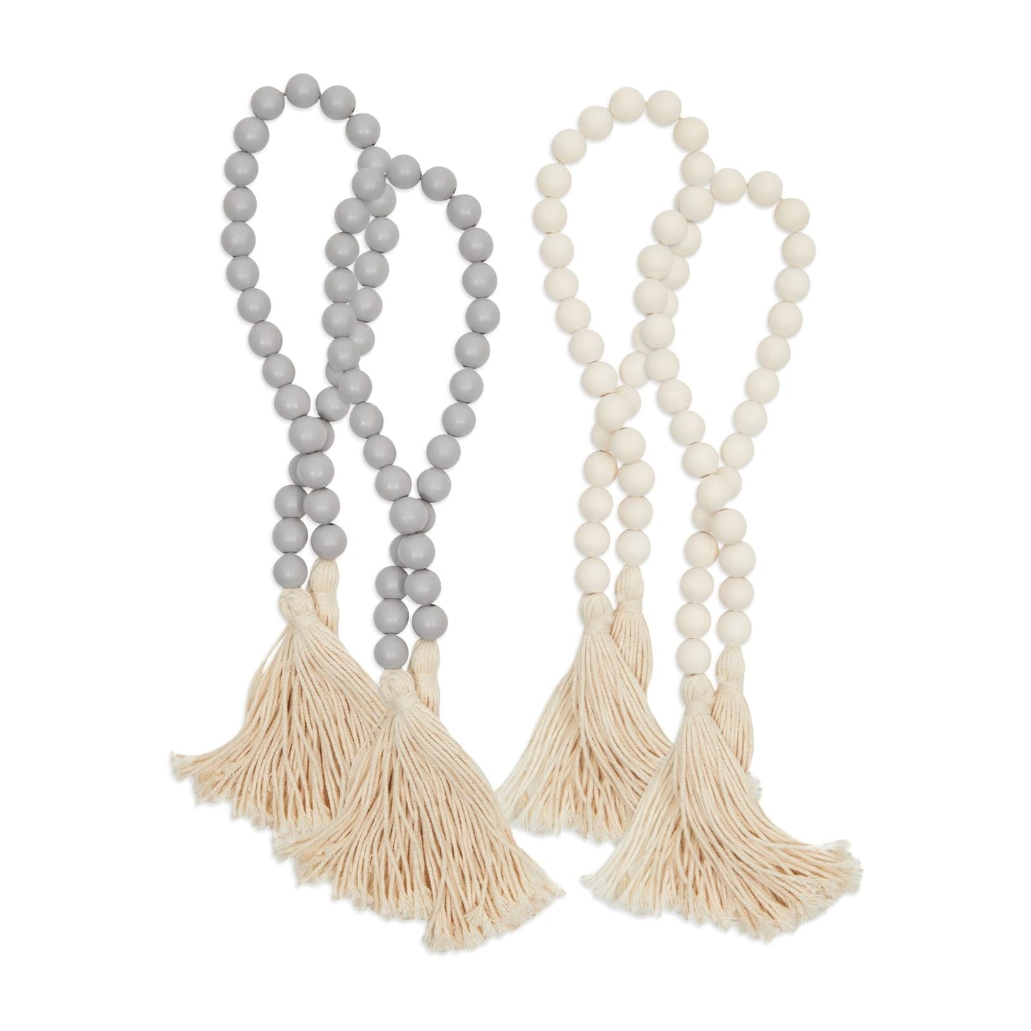 Farmlyn Creek Set of 4 Farmhouse Wood Beads with Tassels, Decorative Wooden Garlands for Table, Shelf, or Wall Decor (27 in)