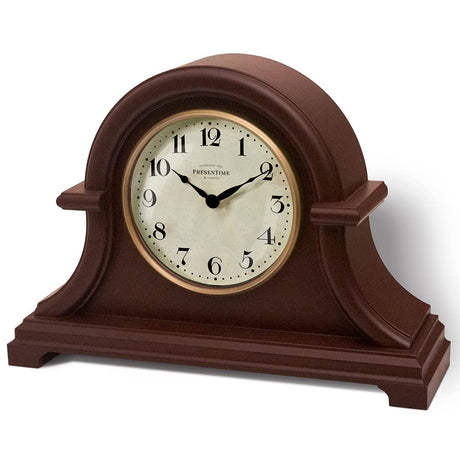 Presentime & Co. Vintage Farmhouse Mantel Clock Series, Napoleon Desk & Shelf Clock, 13 x 10 inch, Domed Lens, Quartz Movement, Walnut Brown Finish (Home Decoration/Tabletop Decoration) Presentime