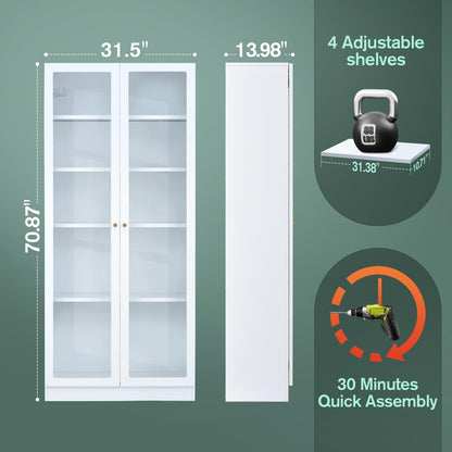 IRONMIX Metal Bookshelf with Doors and Adjustable Shelves, 70.87" H Tall Bookcase, 5-Tier Curio Cabinet for Collectibles, White Storage Cabinet for Home Office Living Room