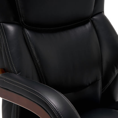 La-Z-Boy Delano Big & Tall Executive Office Chair, High Back Ergonomic Lumbar Support, Bonded Leather, Black with Mahogany Wood Finish - WoodArtSupply