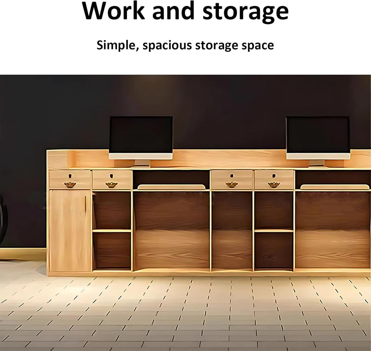 Modern Reception Desk with Counter – Durable Scratch-Resistant Surface, Solid Wood Legs, Spacious Storage, Sleek Contemporary Front Desk Reception Counter for Office or Lobby(Brown wood grain,Right-78 CHMAIDEU