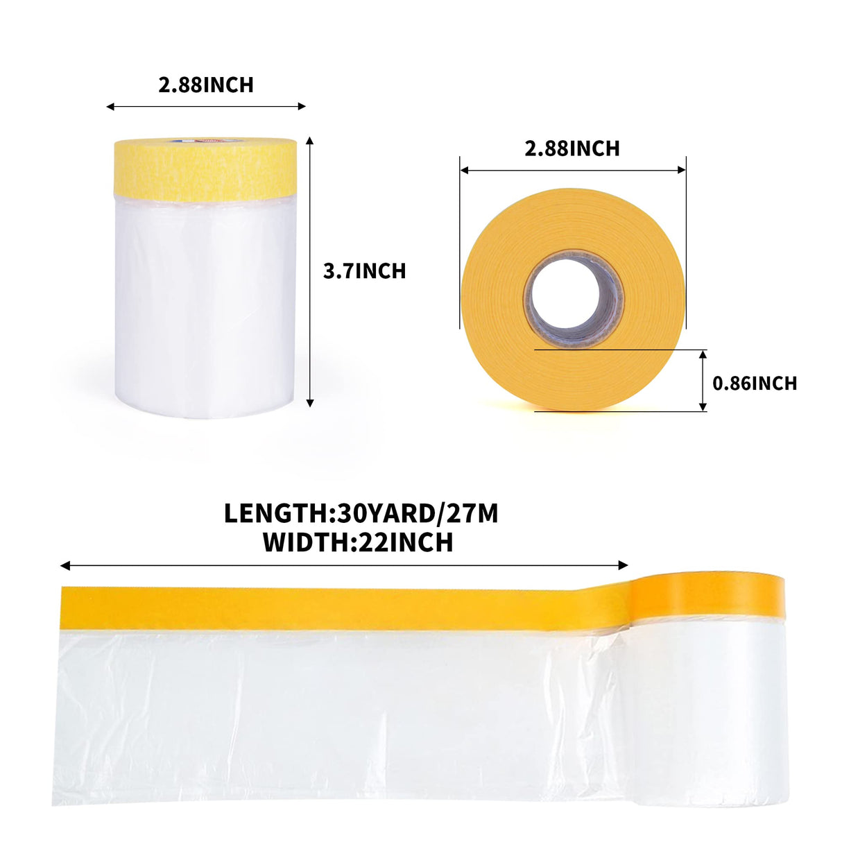 TAPEBEAR Pre-Taped Masking Film, Tape and Drape, Plastic Sheeting Roll, Automotive Painters Masking Tape Film, Plastic Sheeting Cover for Appliance and Furniture, 22inch X 30yard, 3Rolls TAPEBEAR