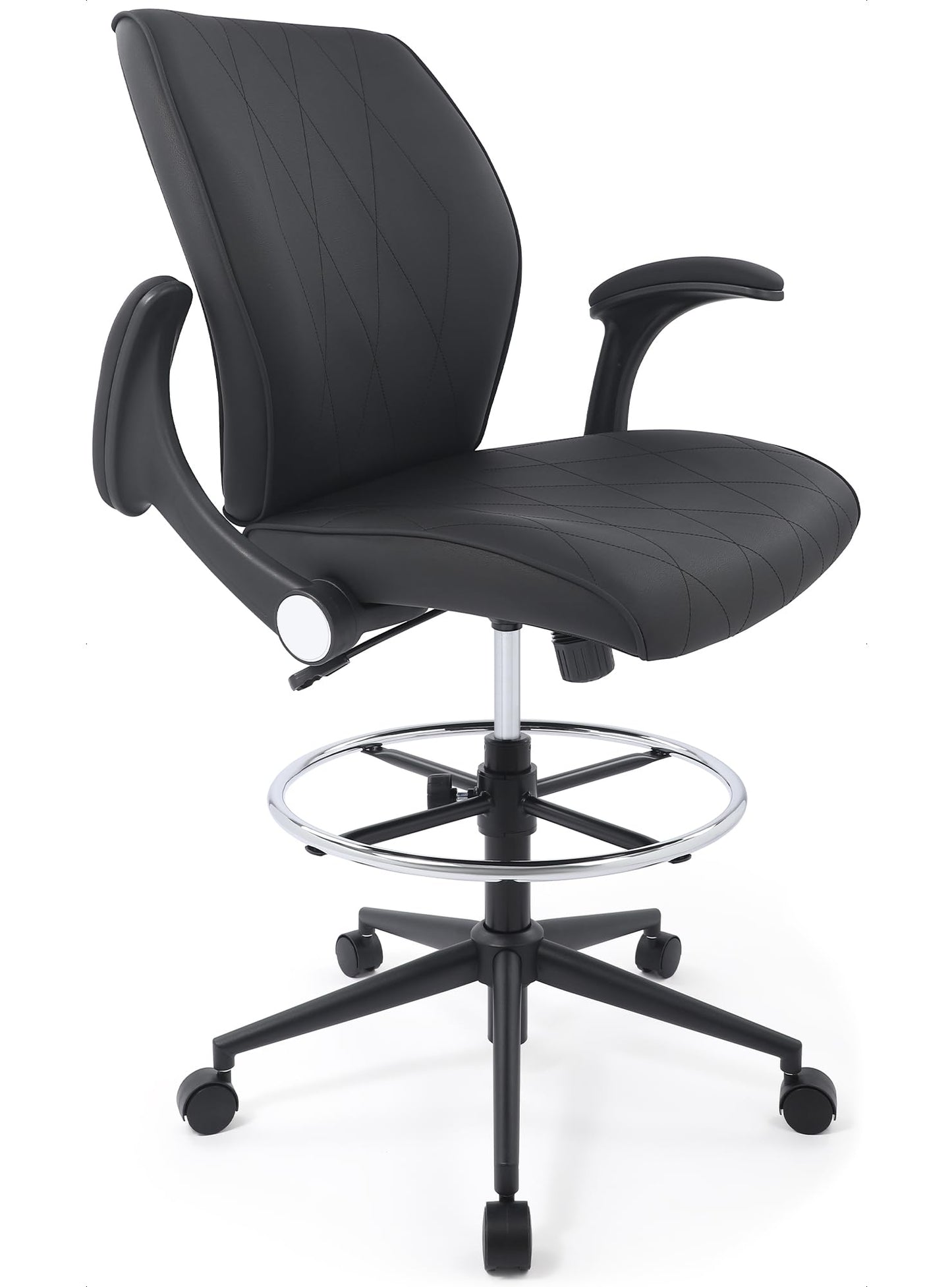 Ergonomic Mid-Back Leather Adjustable Drafting Chair with Flip-up Arms and Foot Ring, Standing-Desk Matched Tall Swivel Computer Office Stool, Black