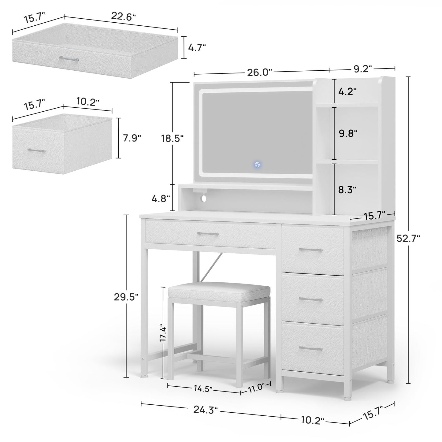 Rolanstar Vanity Desk with Mirror and Lights, Makeup Vanity with Upholstered Vanity Stool, 4 Drawers, Power Outlets, Vanity Set with 4 Compartments for Bedroom White