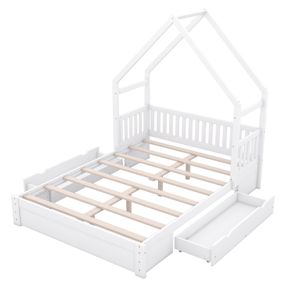 Merax Wood Queen Size House Platform Bed with Guardrail and 2 Drawers, Wooden Bedframe for Boys Girls Adult, No Spring Box Needed, White Merax
