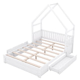 Merax Wood Queen Size House Platform Bed with Guardrail and 2 Drawers, Wooden Bedframe for Boys Girls Adult, No Spring Box Needed, White Merax