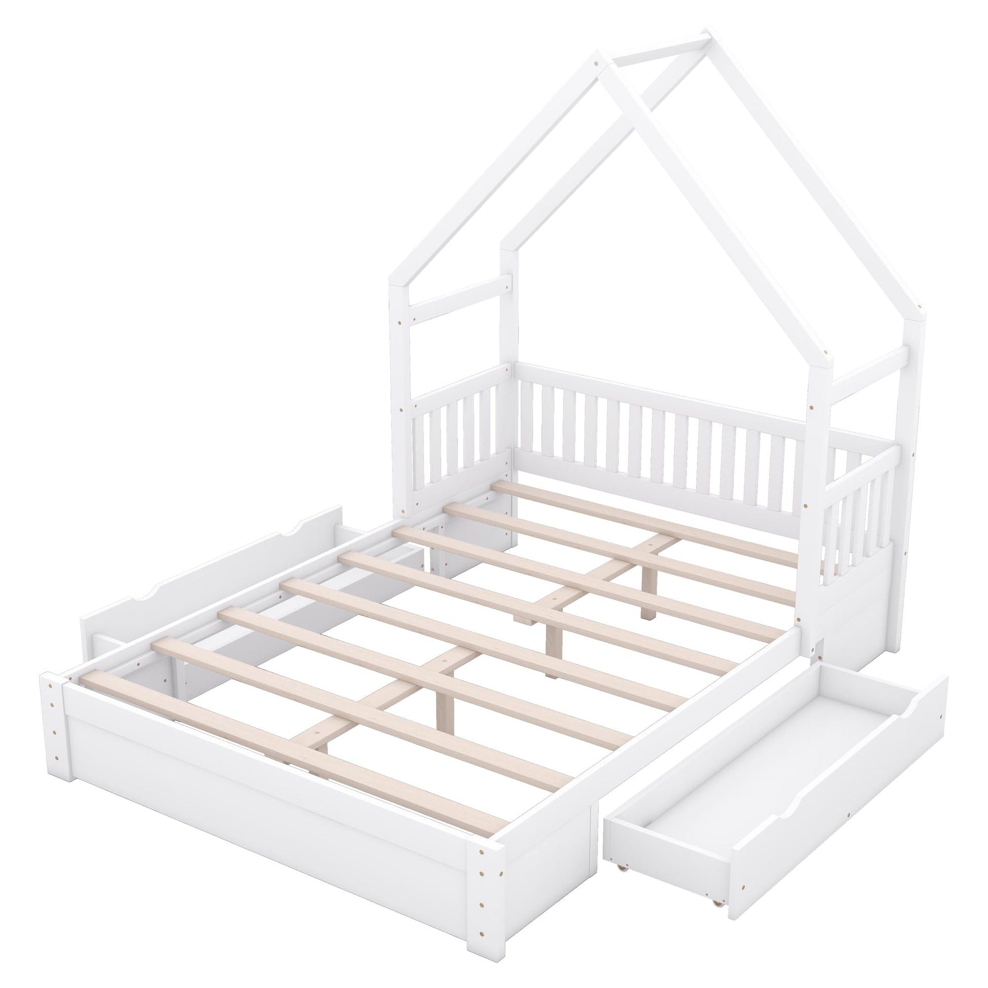 Merax Wood Queen Size House Platform Bed with Guardrail and 2 Drawers, Wooden Bedframe for Boys Girls Adult, No Spring Box Needed, White - WoodArtSupply