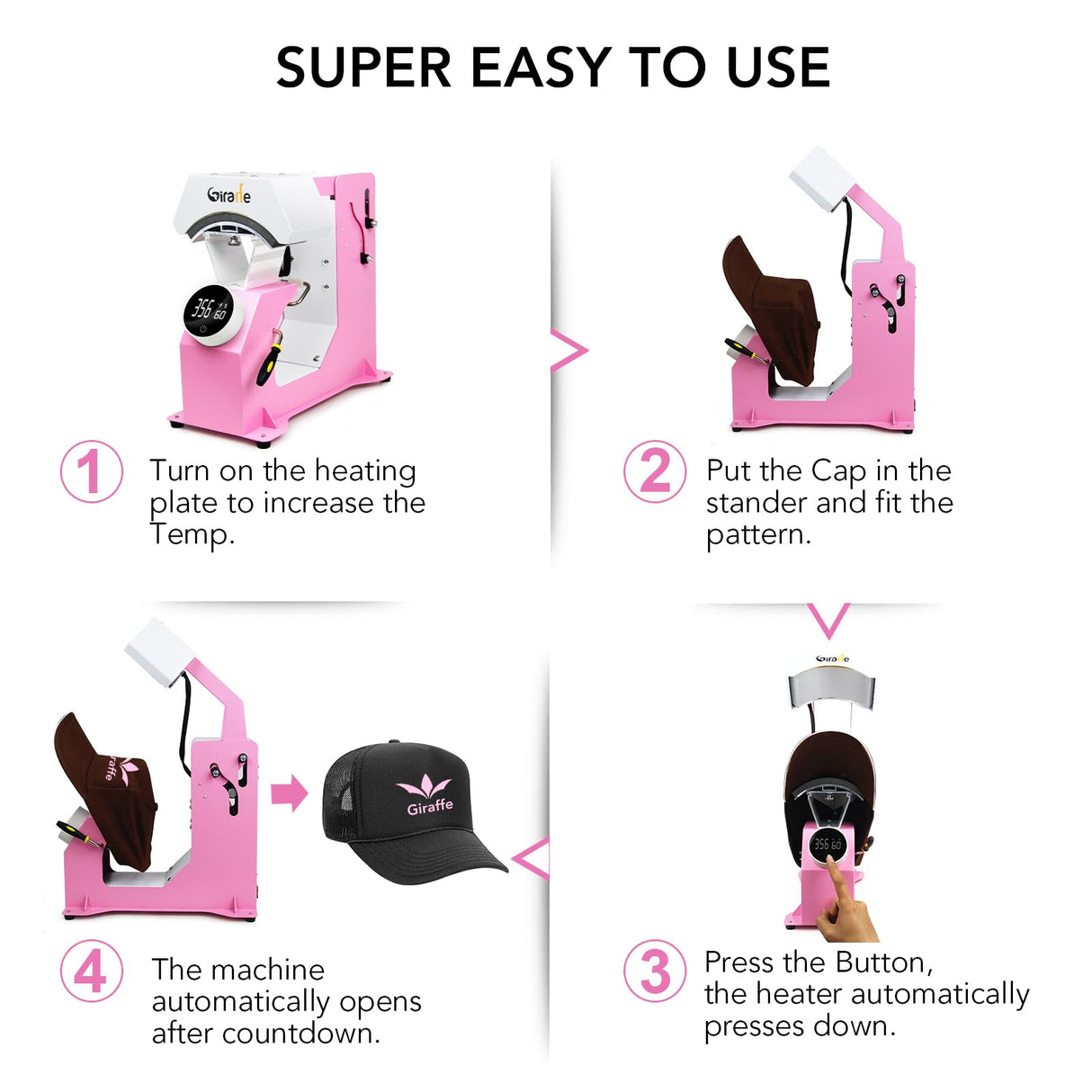 Giraffe Auto Hat Heat Press Machine, Automatic Hat Press Heat Machine for Caps T-Shirts Bags, DIY Sublimation Hat Press Cap Press Auto Open & Release & Digital Press Knob-Style Control Panel (Pink) Giraffe