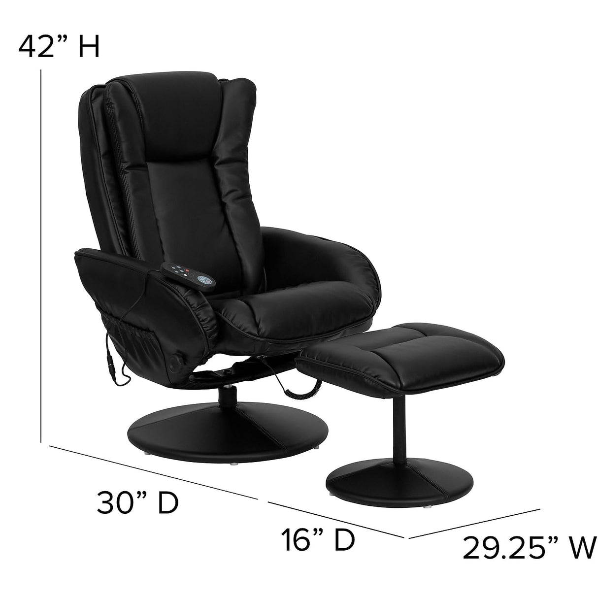 Flash Furniture Poppy Massaging Multi-Position Plush Recliner with Side Pocket and Ottoman in Black LeatherSoft Flash Furniture
