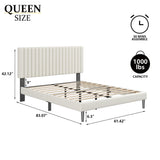 Sismplly Queen Size Bed Frame with Velvet Upholstered Headboard, Platform Bed with Strong Wood Slats, Mattress Foundation, Box Spring Optional, Easy Assembly, Beige Sismplly