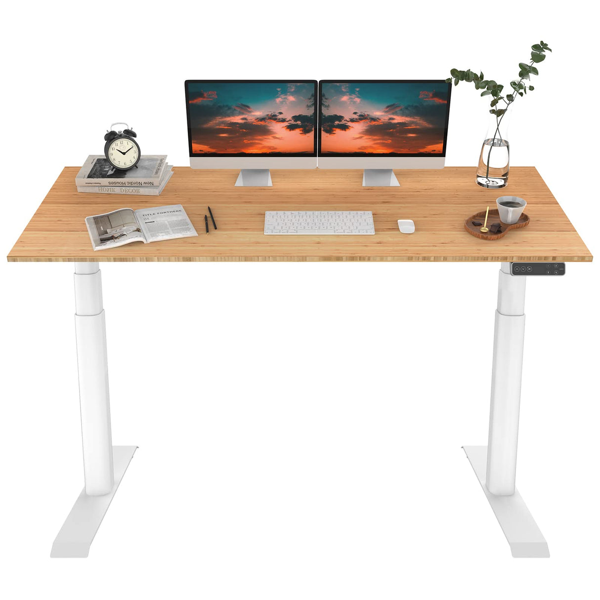 FLEXISPOT E8 Dual Motor 3 Stages Bamboo Electric Standing Desk 72x30 Inch Oval Leg Whole-Piece Board Height Adjustable Desk Electric Stand Up Desk FLEXISPOT