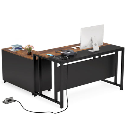 Tribesigns L-Shaped Computer Desk with Power Outlet and Drawer Cabinet, 55 inch Large Executive Office Desk Business Furniture with 40 inch Lateral File Cabinet Printer Stand for Home Office, - WoodArtSupply