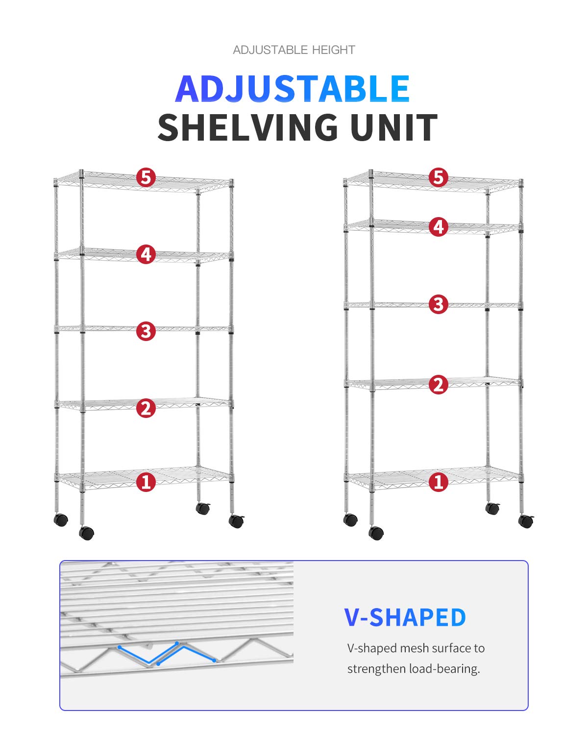 BestOffice 14"x30"x60" Storage Shelves Heavy Duty Shelving 5 Tier Layer Wire Shelving Unit with Wheels Metal Wire Shelf Standing Garage Shelves Storage Rack,Adjustable NSF Certified (Chrome)