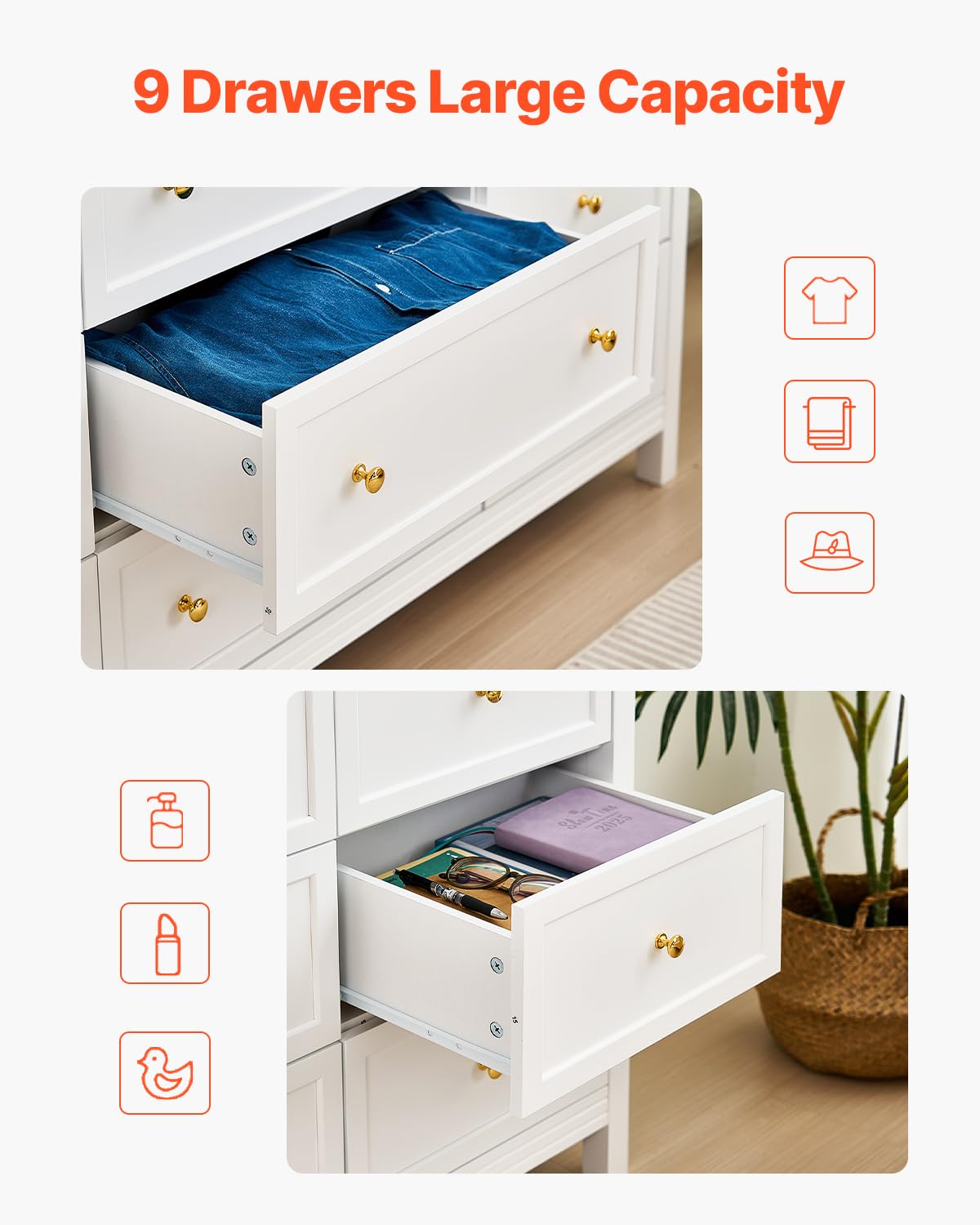 VEVOR 9 Drawer Dresser, Wooden Chest of Drawers with Sliding and Anti-tip Device, Retro Minimalist Dresser Chest, Closet Storage TV Stand Organizer for Living Room, Hallway, Bedroom, Entryway, White VEVOR