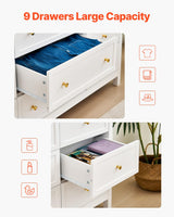 VEVOR 9 Drawer Dresser, Wooden Chest of Drawers with Sliding and Anti-tip Device, Retro Minimalist Dresser Chest, Closet Storage TV Stand Organizer for Living Room, Hallway, Bedroom, Entryway, White VEVOR