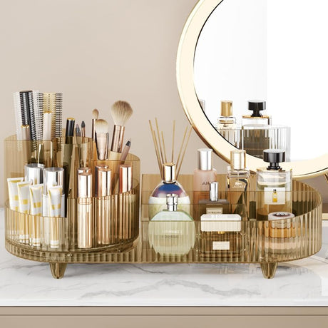 Rotating makeup organizer,Large Capacity Cosmetic Display Case, easy to hold all of your makeup products, at least 20 makeup brushes/eyeliner,10 lipsticks,8 skincare products(Crystal Amber) Booklov