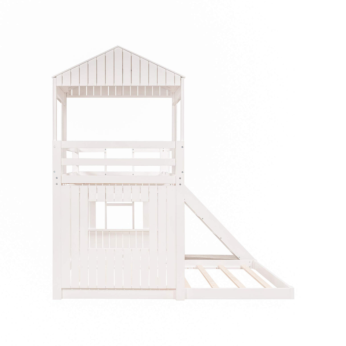 Merax White Twin over Full Bunk Bed with Slide, Safety Guardrails and House Design for Kids Merax