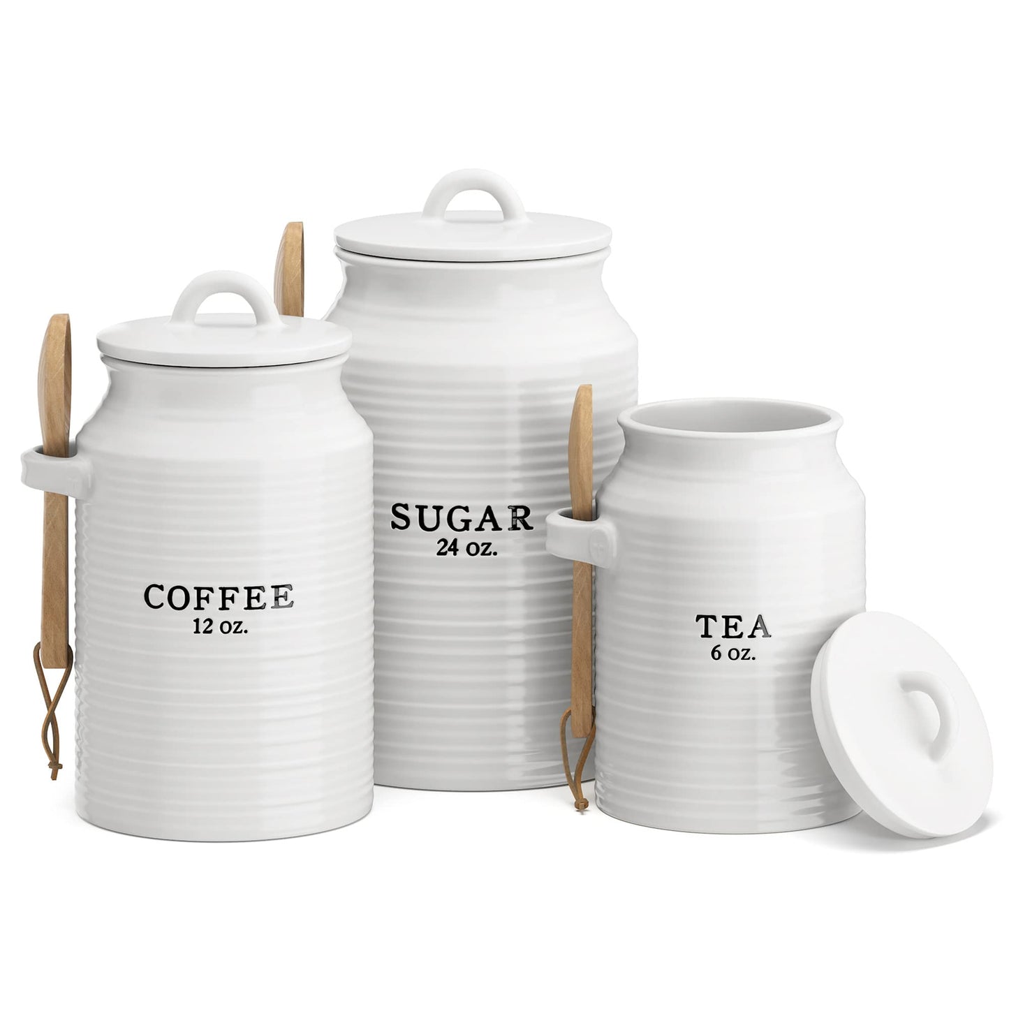 Barnyard Designs Canister Set for Kitchen Counter, Coffee Tea Sugar Container Ceramic Set, Decorative Canisters, Rustic Farmhouse Canister Jars, White (Coffee/Sugar/Tea)