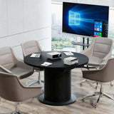43.3 inch 59 inch Adjustable Size Round Conference Table for 4-6 People, Unique Design Modern Meeting Room Table, with Wood Strip Base (Black) Fiogmub