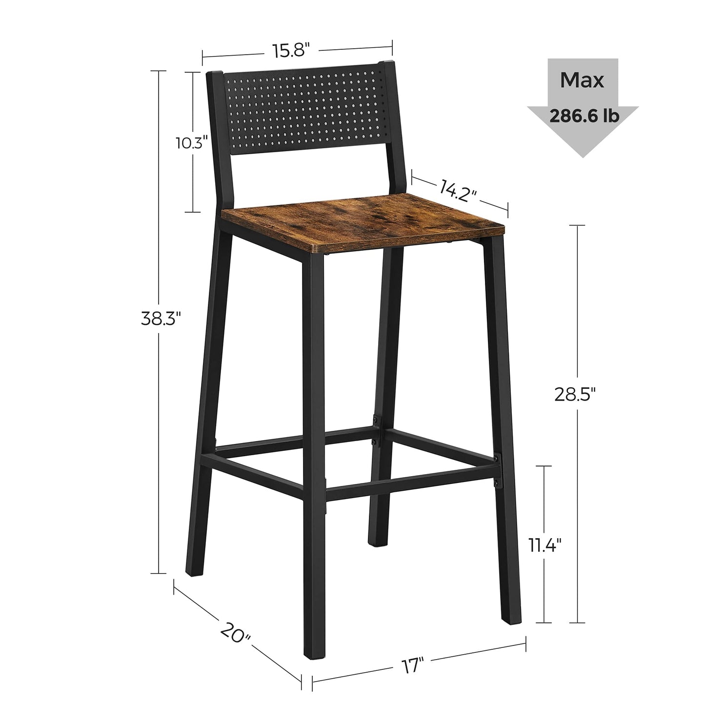 VASAGLE Bar Stools, Set of 2 Bar Chairs, Tall Bar Stools with Backrest, Industrial in Party Room, Rustic Brown and Black ULBC070B01 - WoodArtSupply