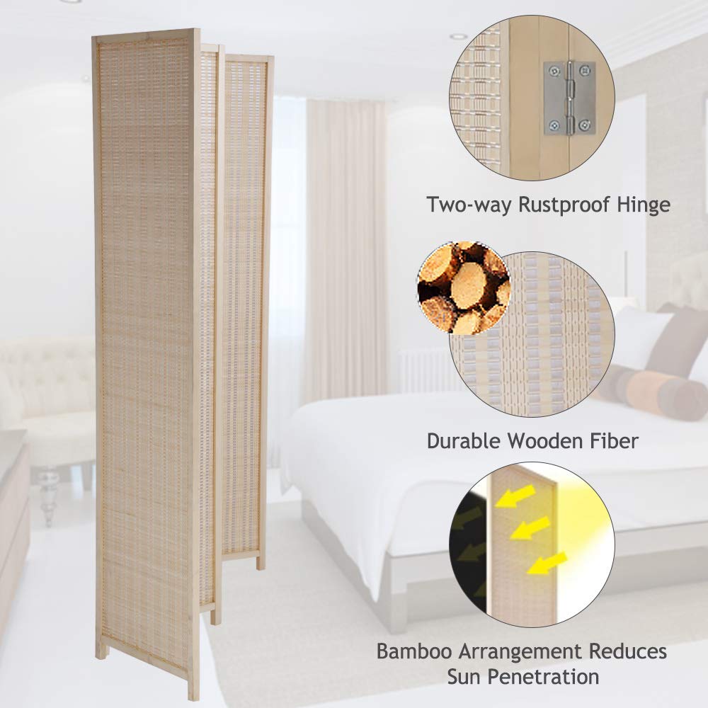 Room Divider Privacy Screen Folding 4 Panel 72 Inches High Portable Room Seperating Divider, Handwork Bamboo Mesh Woven Design Wall, Room Partitions and Dividers Freestanding, Natural Dkeli